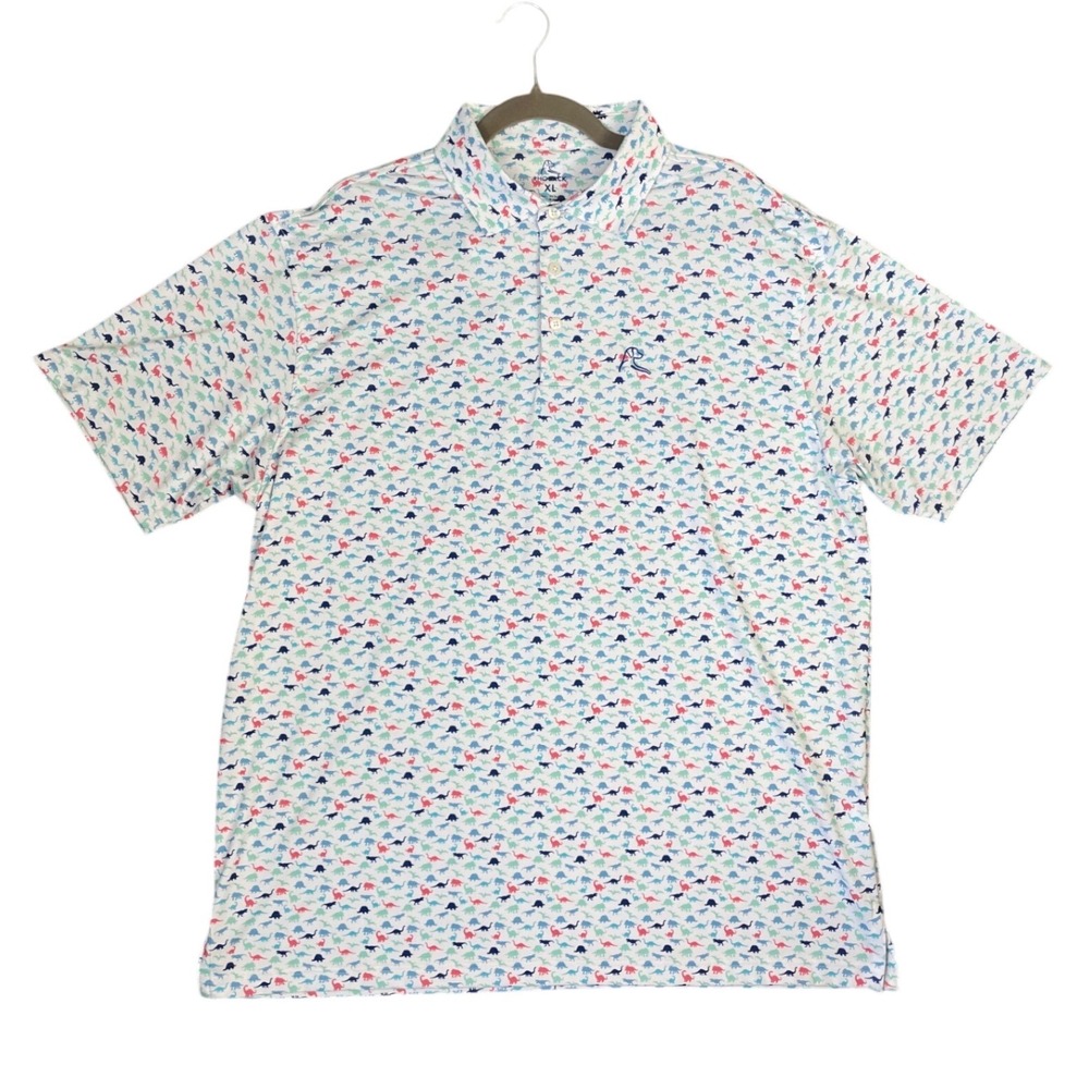 Rhoback Mens XL Dinosaur Print Performance Golf Polo Shirt White Short Sleeve